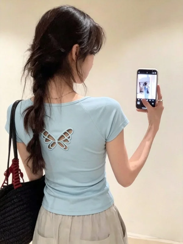 Blue Back  Hollow out Short Sleeve T-Shirt Women's Unique Beautiful Summer Casual Style round Neck Top