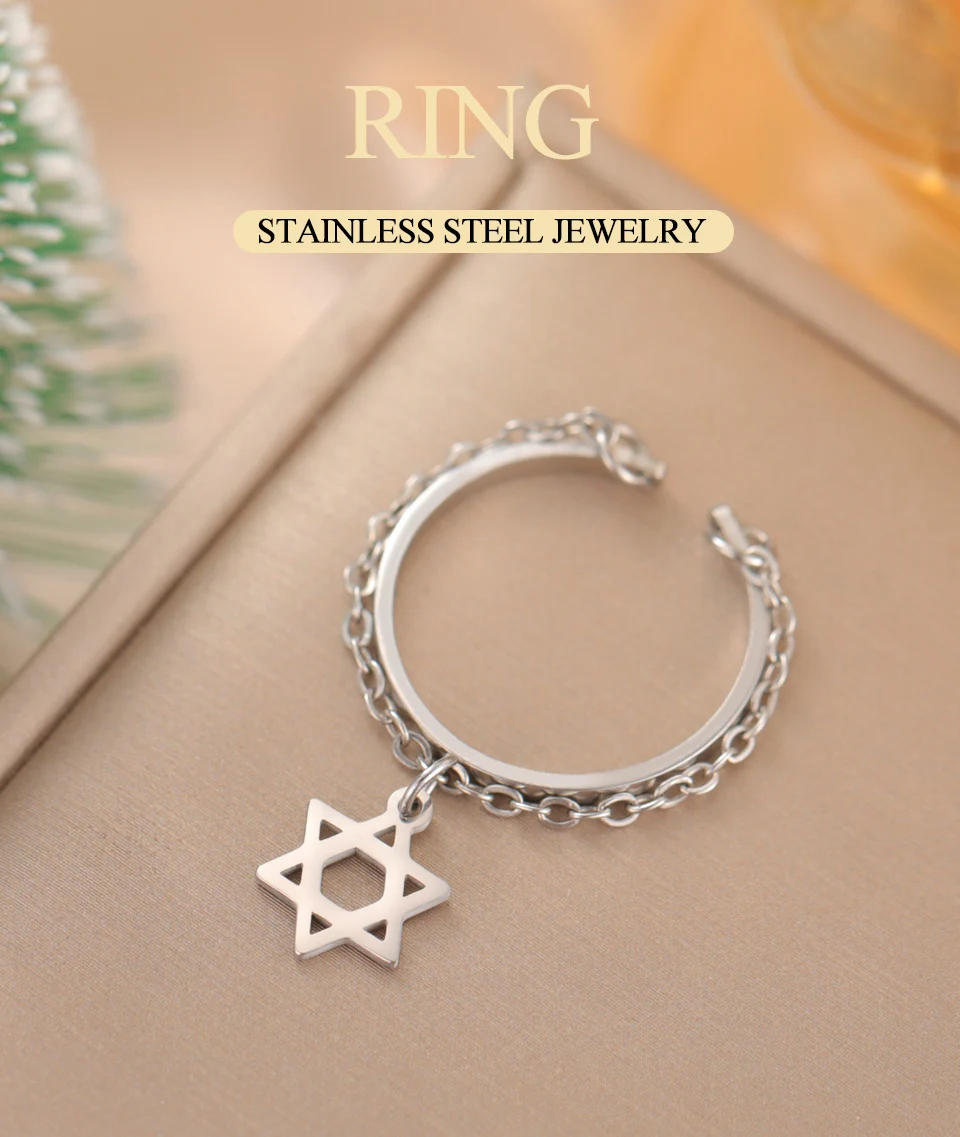 Dawapara Vintage Stern Kette Quaste Verstellbarer Ring Hexagramm Pentagramm Kreuz Charm Edelstahl Damen Schmuck – Detail 1