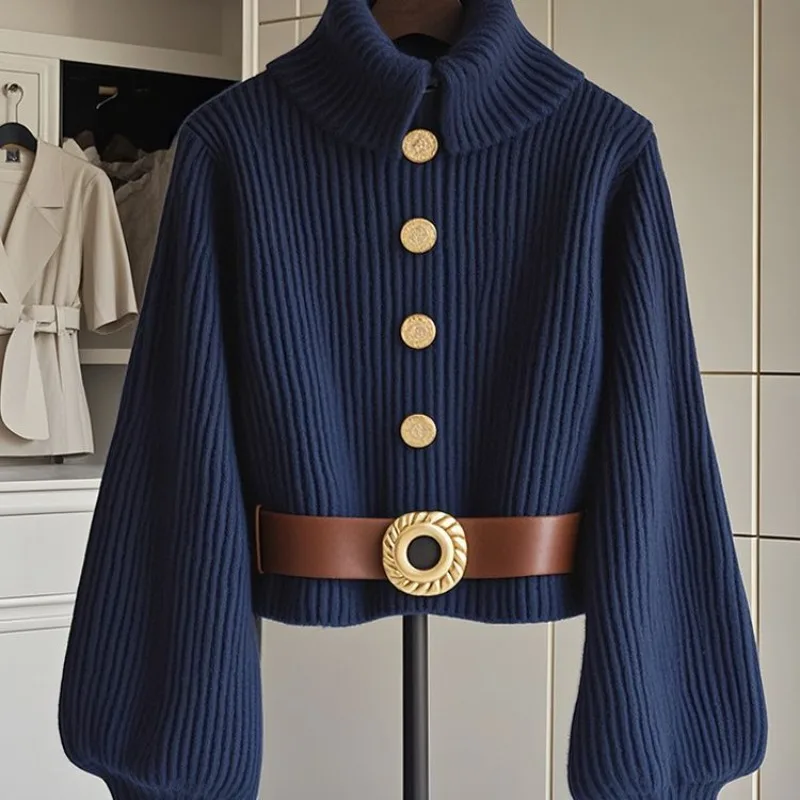 

Зима 2025 г., женский корейский шикарный ленивый ветер, уникальный шикарный красивый топ, женский супер красивый темно-синий вязаный свитер High Sense