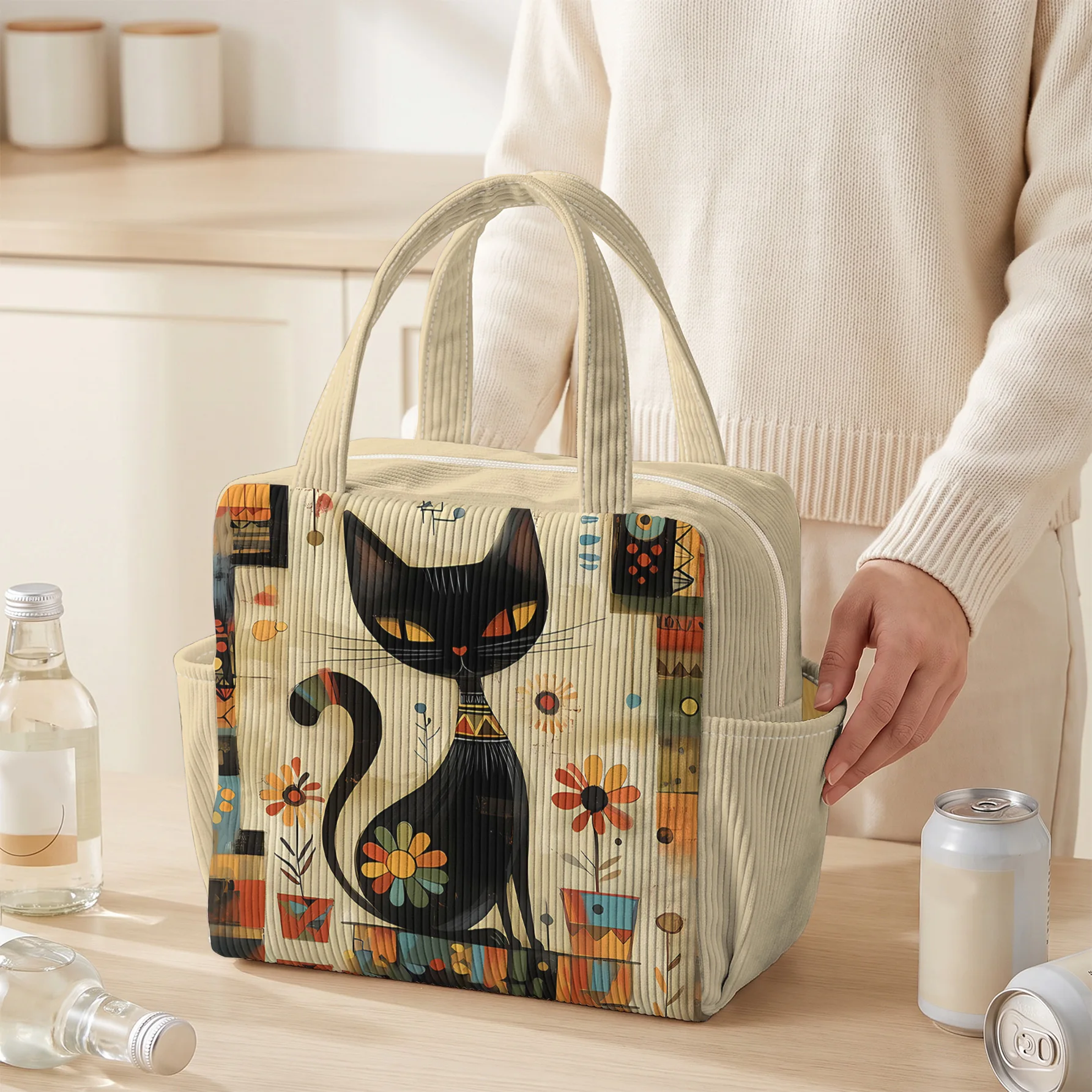 Abstract Art Black Cat Floral Print Corduroy Lunch Bag Insulated Cooler Tote Bag With Side Pockets For Work Picnic Travel