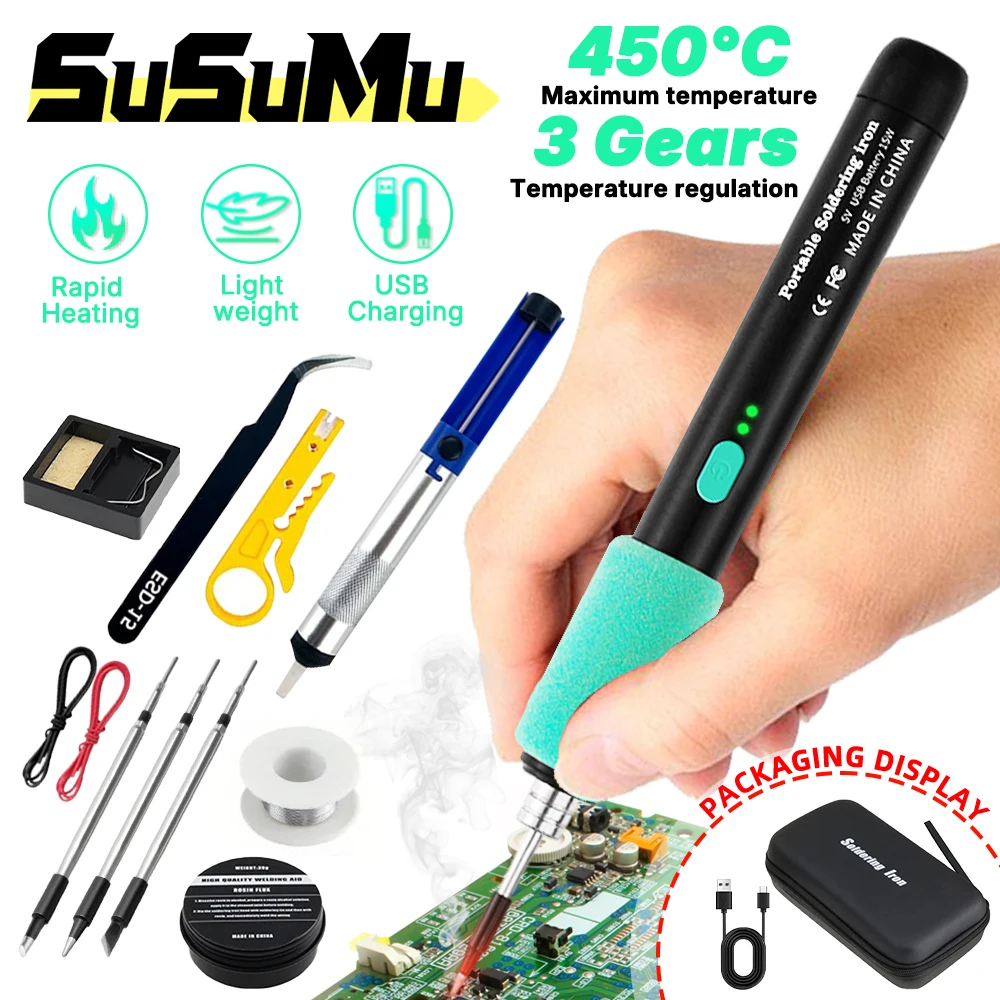 Kit Ujung Besi Solder Nirkabel Portabel 5V 15W Alat Solder Mini Kontrol Suhu Tiga Tingkat untuk Set Perbaikan Rumah DIY