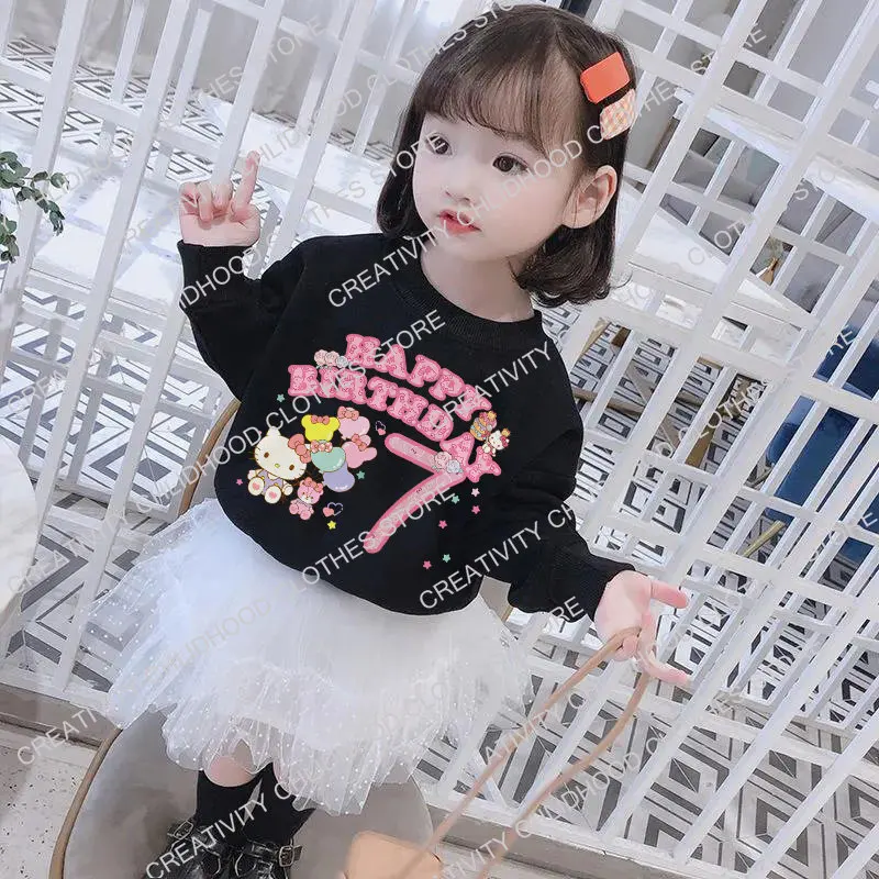 Children Sweatshirts Hello Kitty Birthday Number 1-14 Y2k Kawaii Sanrio Pullover Anime Cartoons Casual Clothes Girl Boy Kids Top