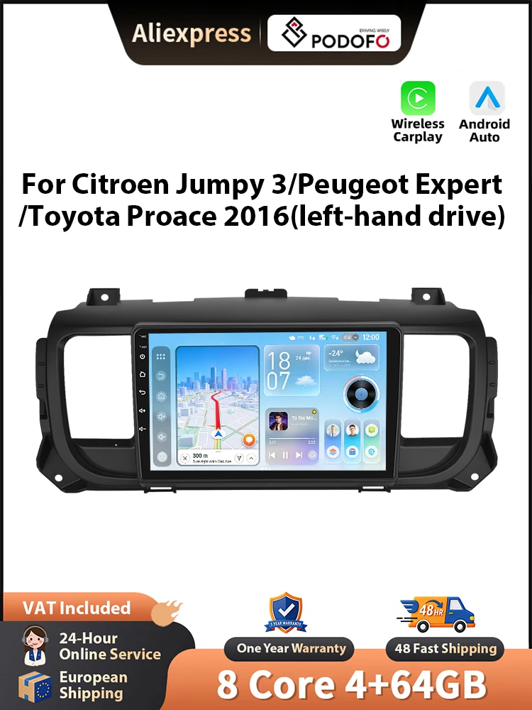 Podofo Kabelloses CarPlay-Radio für Citroen Jumpy 3/Peugeot Expert/Toyota Proace 2016 Android Auto Autoradio GPS FM Stereo WiFi BT