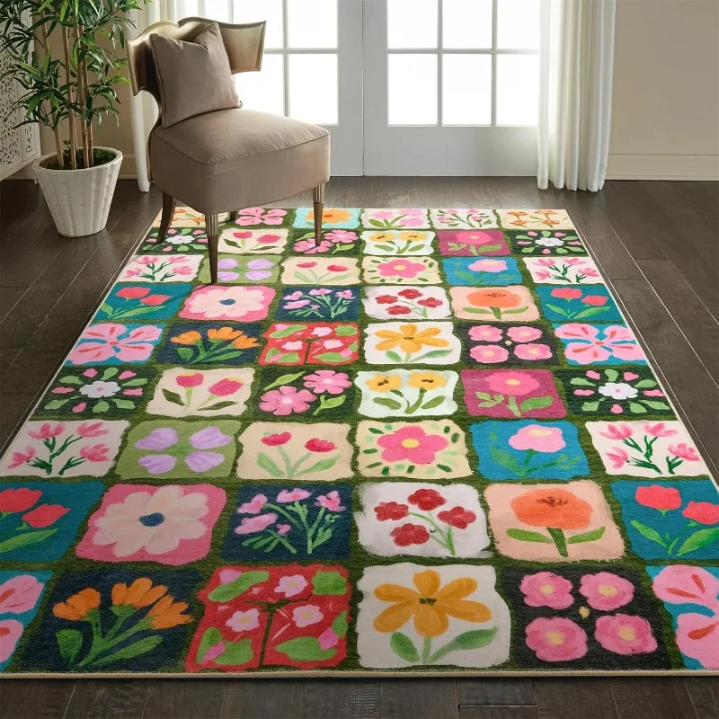 Colorful Block Floral Living Room Rug,Art Hand‑Painted Grid Flower Carpet for Bedroom, Machine Washable Non‑Slip Sofa Mat Tapis