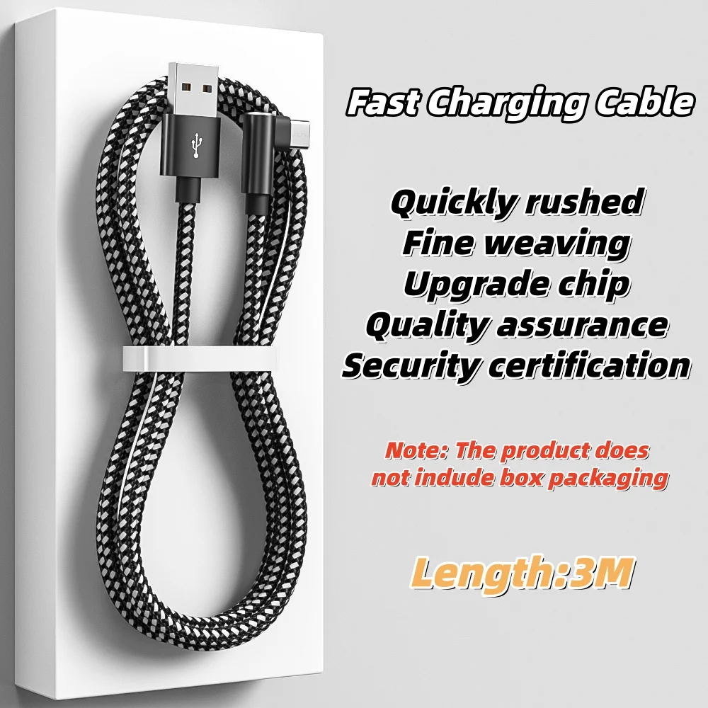 ANSEIP Type C Nylon Data Cable 3M 90 Degree Fast Charging for Iphone 17 Pro Max 15 16 Huawei Xiaomi Samsung Charger Data Cord