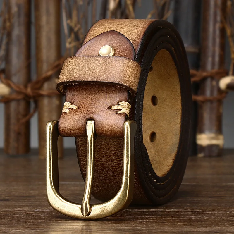 Vintage Cowhide Belt with 3.8CM Wide Copper Buckle for Men
