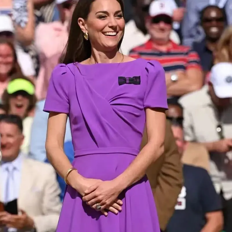 Kate Middleton Purple Princess Dress Elegant O-Neck Shore Sleeve A-Line Pleated Dresses With Bow 7302