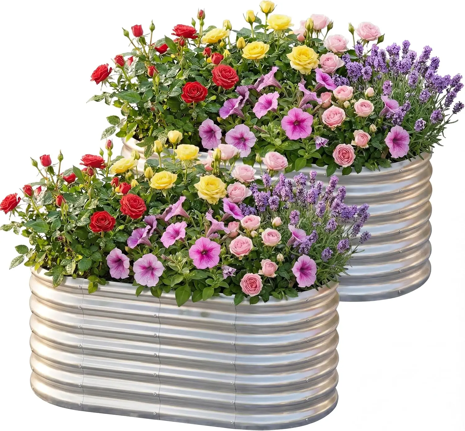 

Комплект из 2 овальных оцинкованных стальных приподнятых грядок 4x2x2 фута, прочные ящики-клумбы для овощей, фруктов и цветов, простая сборка, серый цвет