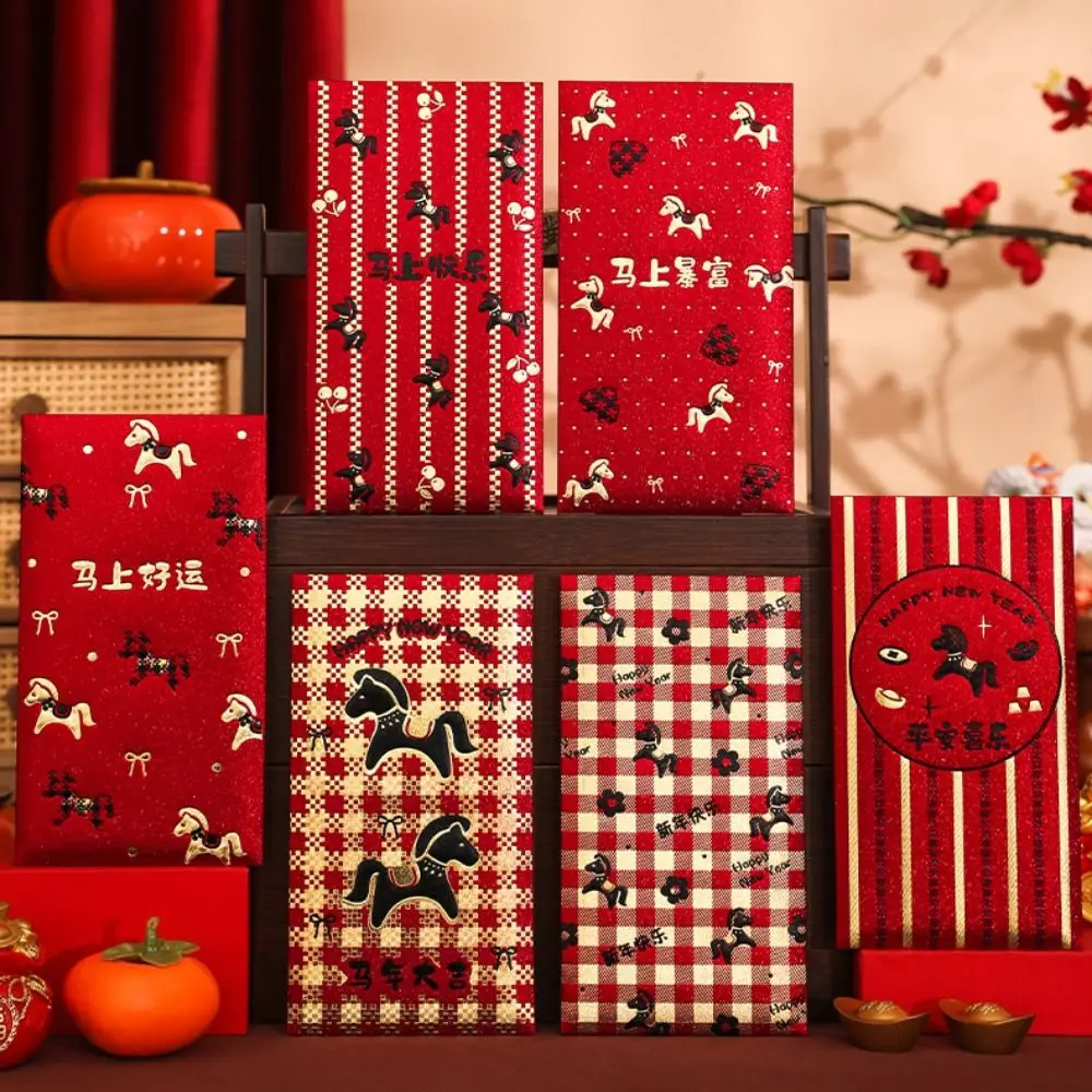 6Pcs Lucky Red Envelopes Chinese Style New Year Blessing Cash Gift Envelopes Gold Foil Design Luck Money Bag Year of The Horse