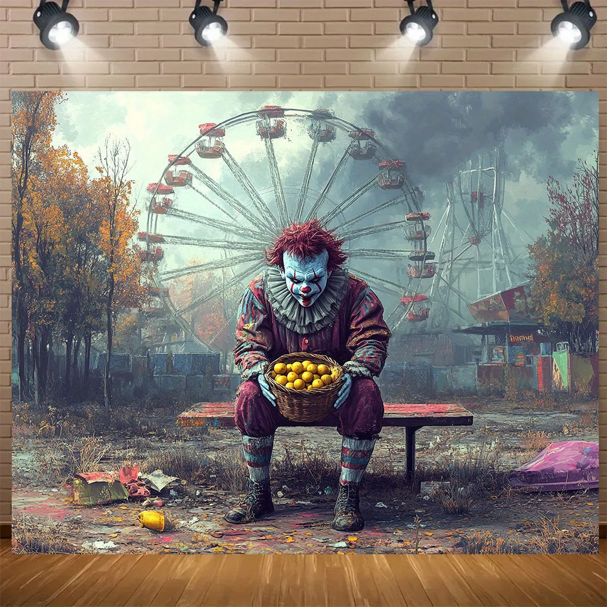 1-schreckendes Clown-Banner-Hintergrundtuch – Riesenrad- und Clownmuster, perfekt für die Halloween-Party-Dekoration