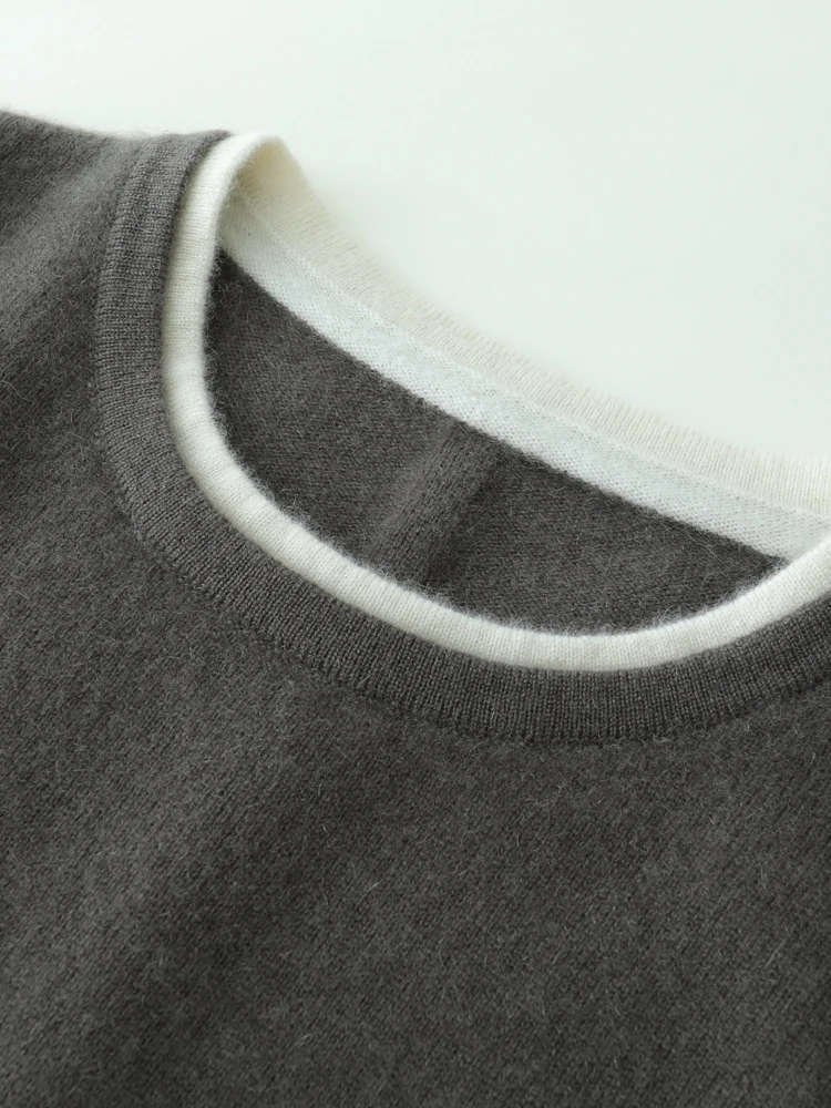 

New Chic Women's 100% Cashmere Sweaters Autumn Winter Base O-neck Pullovers Cashmere Knitwear Comfy Fake Two Piece Clothing Tops