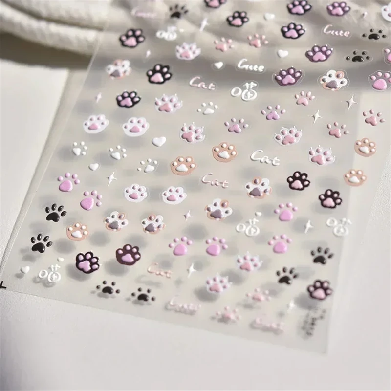 Cute Jelly Pink Cat Paw Print Lovely Kitty Puppy Dog Cartoon 5D Embossed Relief Self Adhesive Nail Art Sticker 3D Manicure Decal