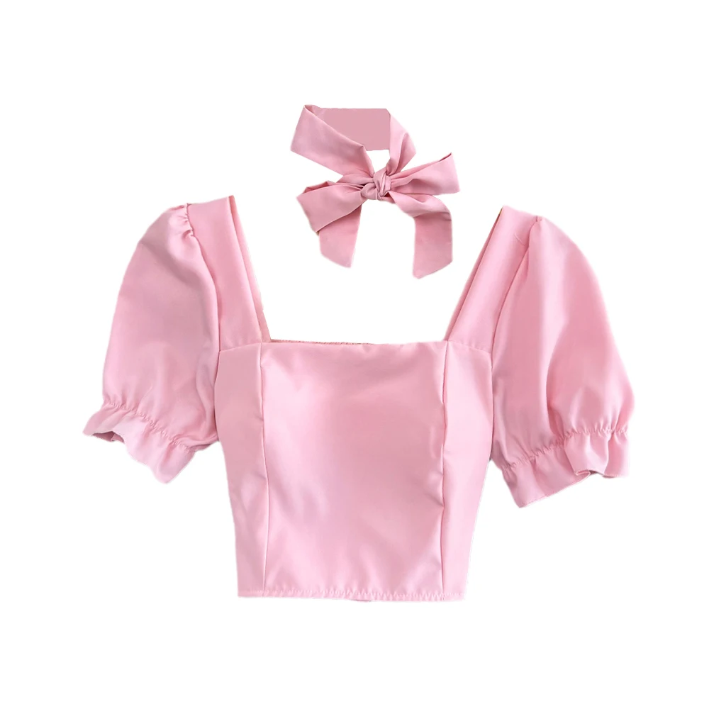 Summer Korean Style Shirt For Women Sweet Square Neck Puff Short Sleeve All-Matched Pullover Shirt Femal Fashion Slim Short Top