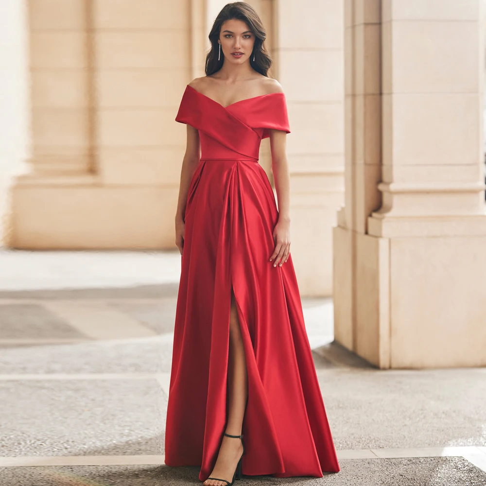 

Simple Off Shoulder Satin Mother of the Bride Dresses V Neck Wedding Party Gowns Front Slit Floor Length A-Line فساتين السهرة