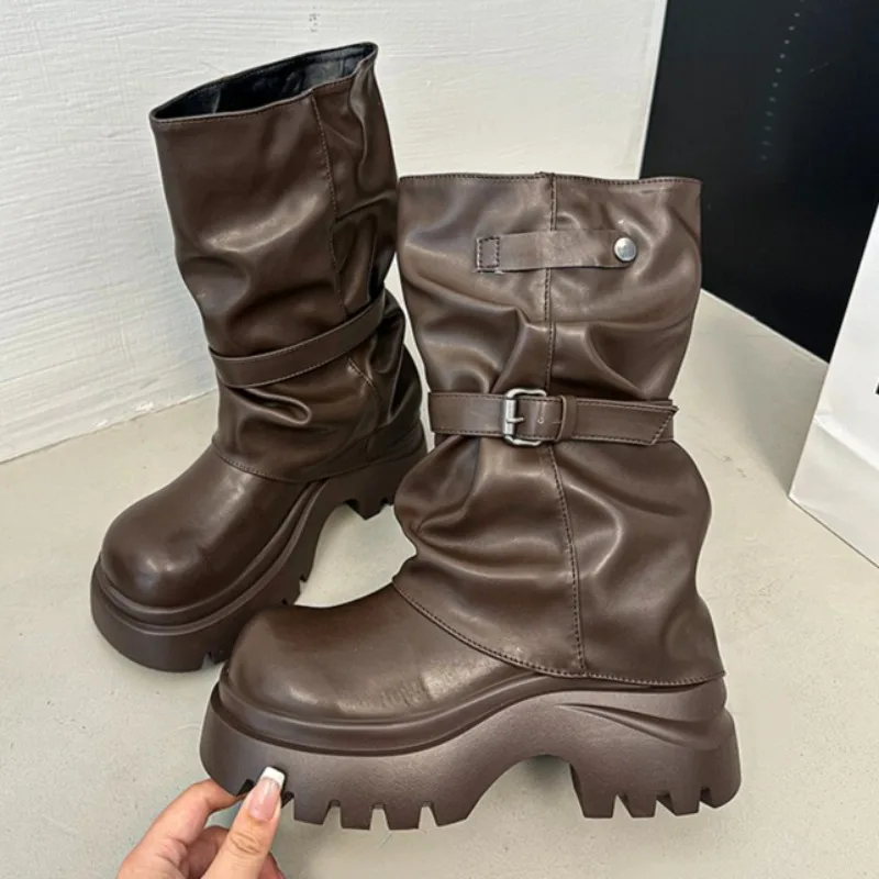 

High Heels Women Platform Leather Mid Calf Boots for Women Fashion Elegant Winter Shoes 2025 Designer Dress Pumps Party Zapatos