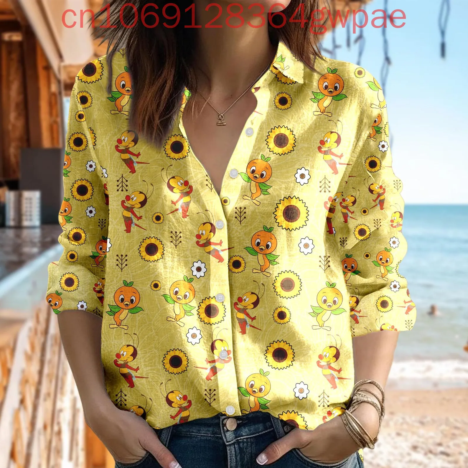 

Disney Orange Bird Women's Casual Blouses Shirt Summer Casual Button Up Long Sleeve Shirt Cartoon Women Fashion Elegant 3d Shirt