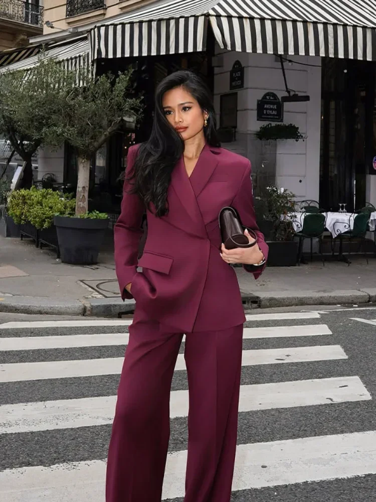 Wine Red Fashion Lapel Suit Jacket And Pants Women Casual Loose 2 Pieces Suits 2025 Spring New Lady Office Commuter Outwear