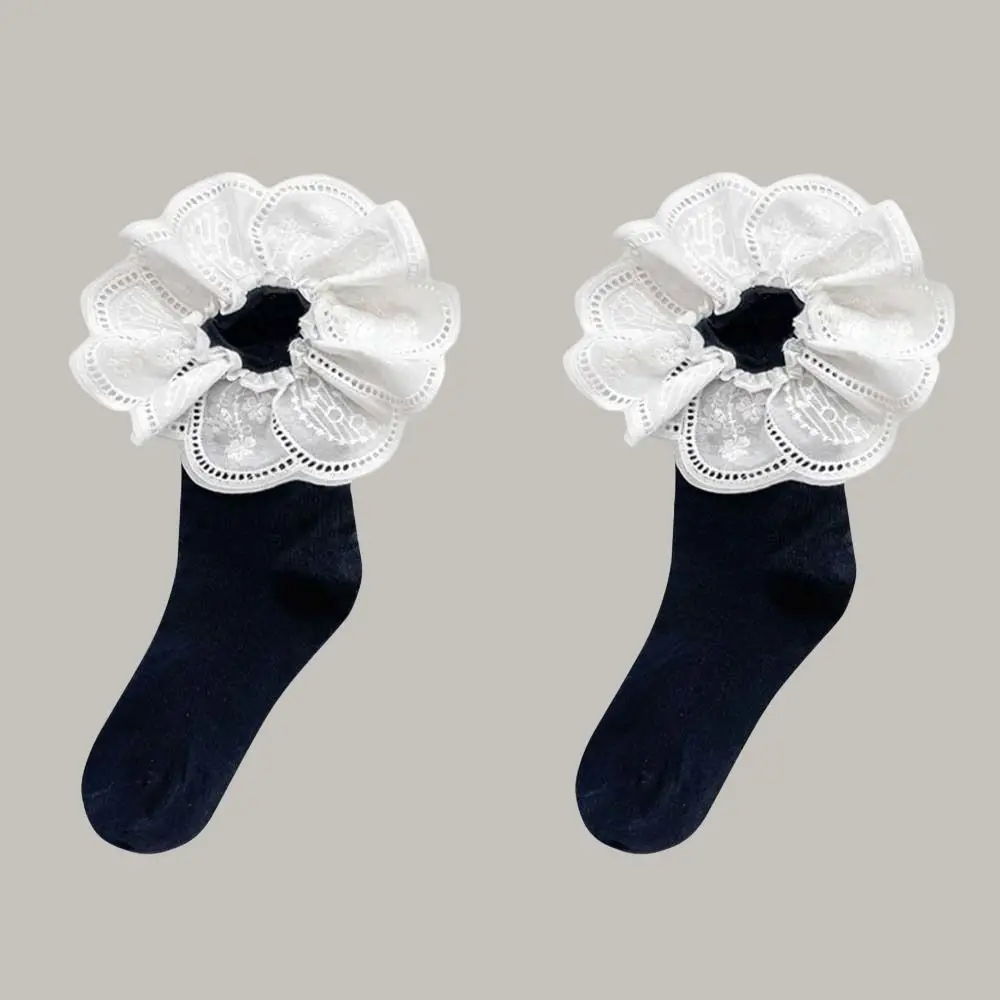 Simple Ballet Style Ruffle Socks Mid Tube White Embroidered Women Hosiery Jacquard Lace JK Cotton Socks Lady