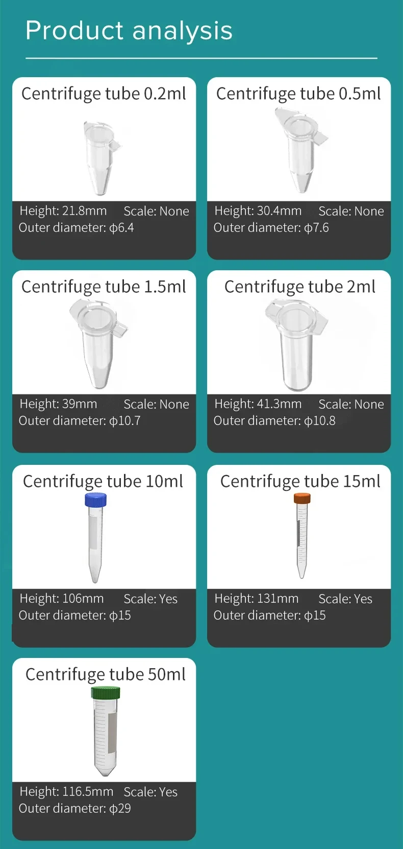 Kunststoff-Zentrifugenröhrchen PCR-Röhrchen Proben-Laborbehälter 0,2ml 0,5ml 1,5ml 2ml 10ml 15ml 50ml mit Schnappverschluss/Schraubverschluss Mikroskala – Detail 2
