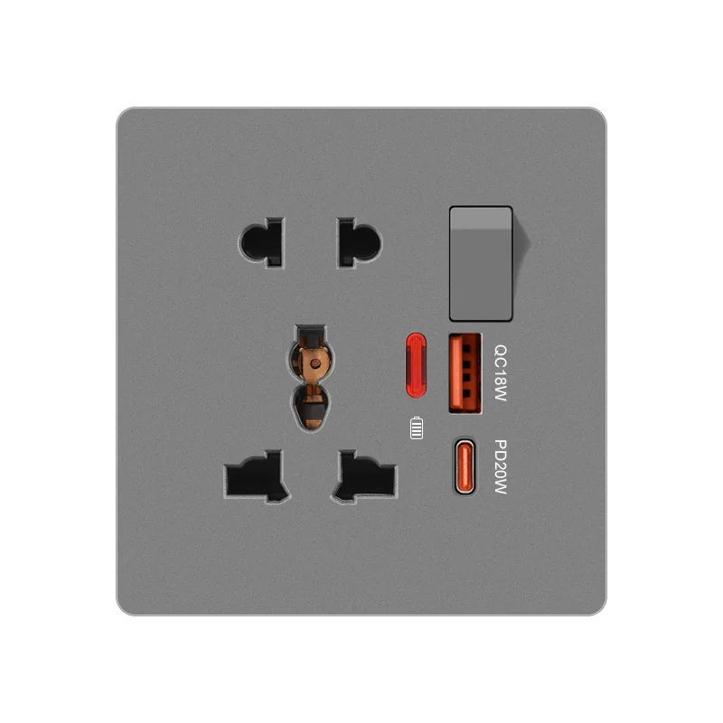 86 Type 16A Multifunctional Five-hole USB + Type-c 20W Fast Charging Socket With Switch Control Universal Three-Hole Socket