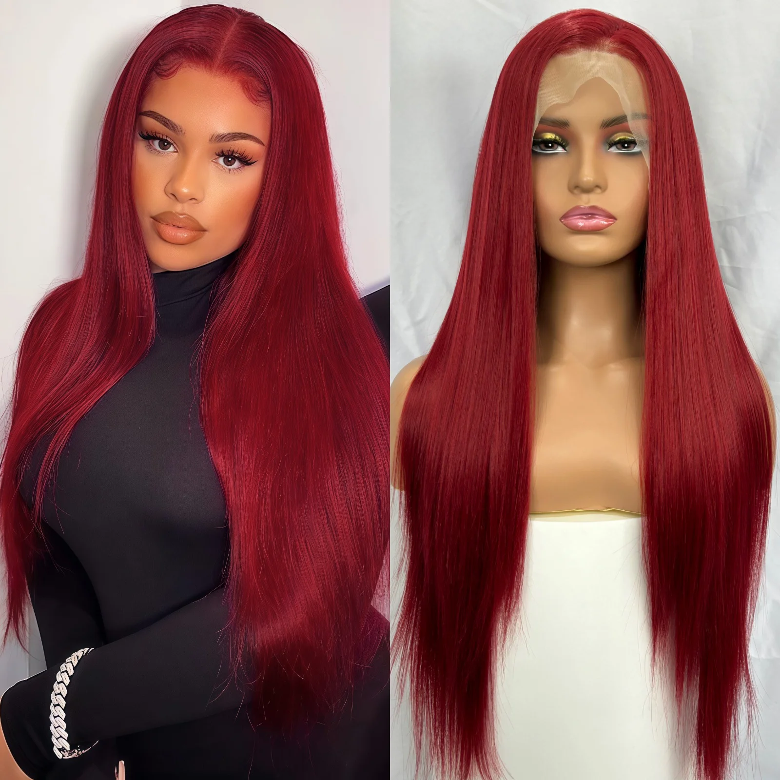 

99J Burgundy Synthetic Lace Front Wig Free Part Pre Plucked Glueless Long Straight Dark Red 13X4 Frontal Wigs for Women Daily