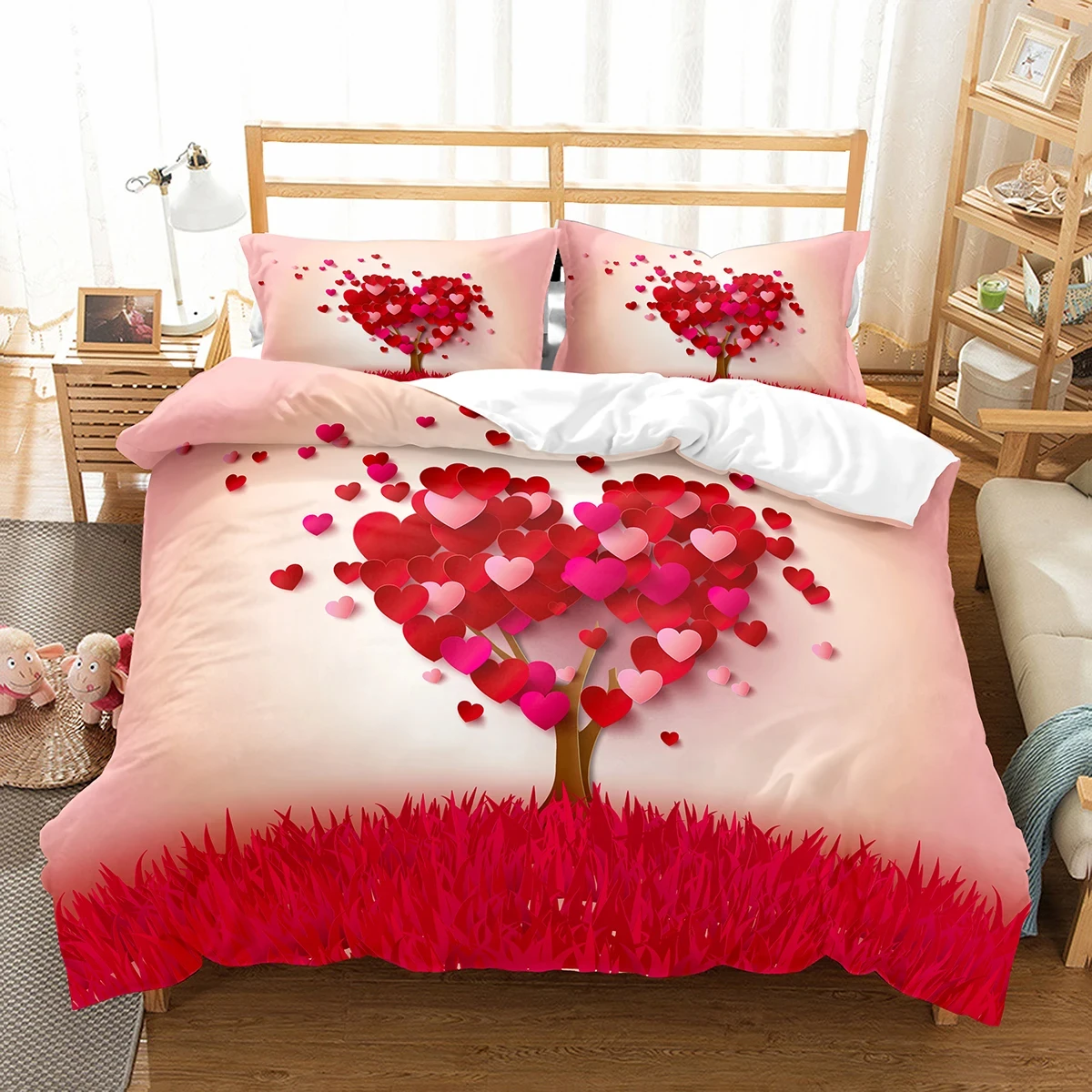 Love Heart Duvet Cover Set Romantic Polyester Comforter Cover for Couple Girlfriend Bedroom Decor Twin Queen Size Bedding Set
