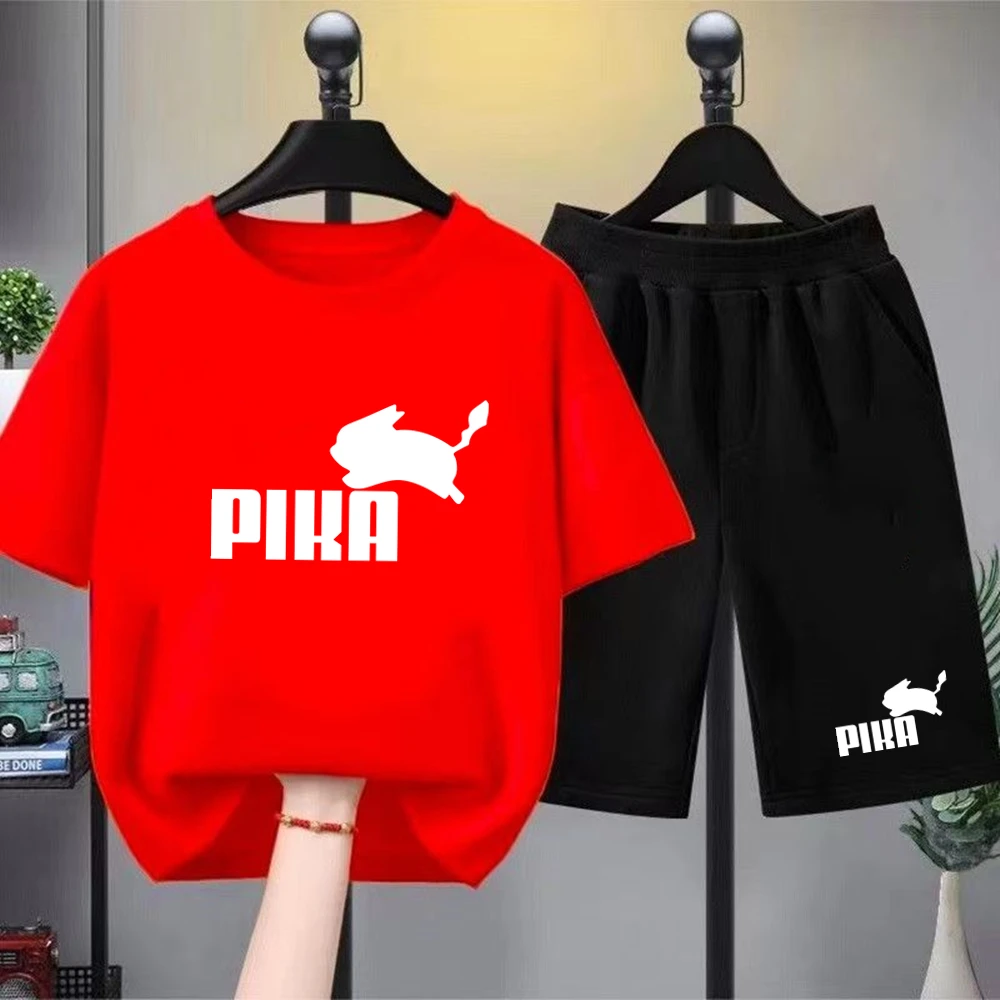 Summer Boy Girls Red Casual T Shirt Sets Rabbit Printed Kids Fashion Outfits Teen Children's Short Sleeve Tops Shorts 2pcs