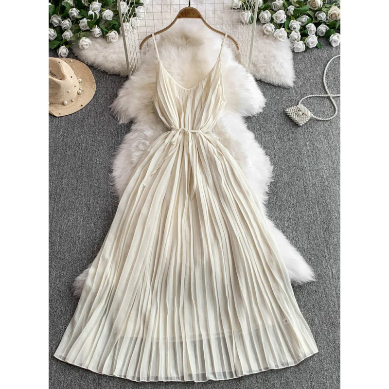 Boho donna solido estate abito lungo pieghettato casual sexy cinturino per spaghetti vestido de festa elegante tunica vacanza al mare abiti