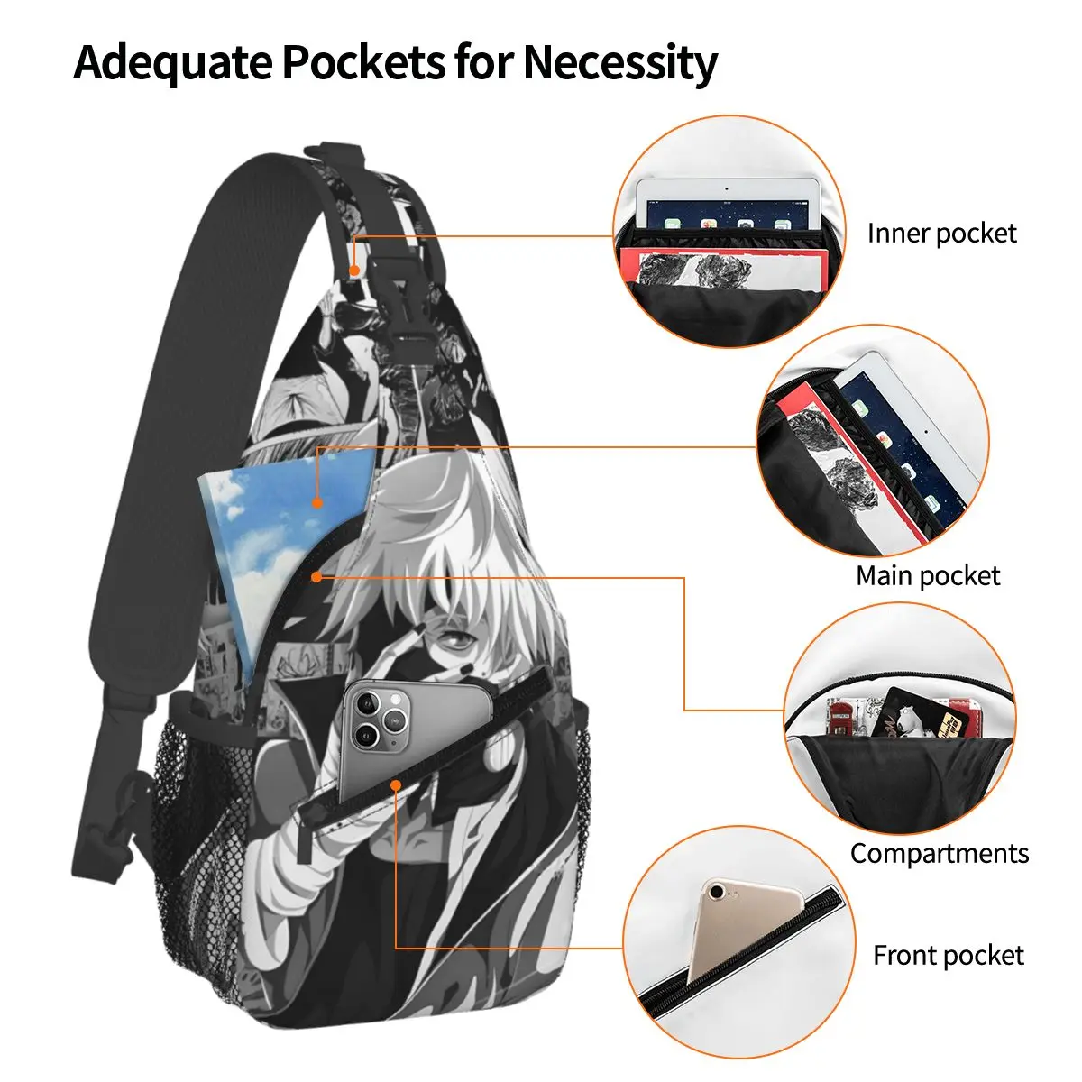 Anime Kaneki Ken Tokyo Ghoul Japan Manga Chest Bag Men Sling Crossbody Backpack Chest Bag Traveling Hiking Daypack Shoulder Bag