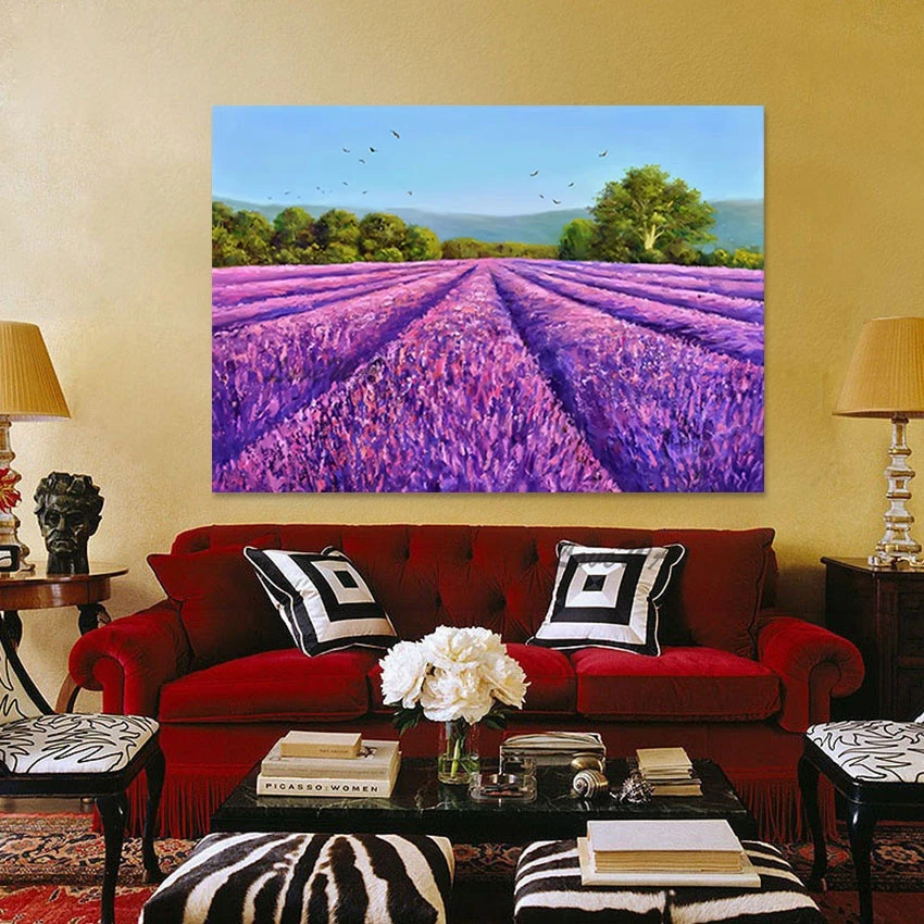 Abstract Green Tree Scenery Art Picture Canvas Design Wall Picture No Framed, 3D Purple Flower Field Drawing Acrylic Paintings