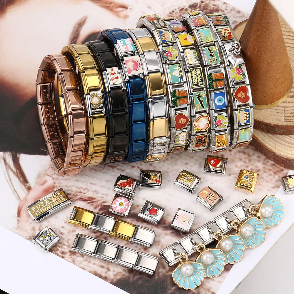URING Trendy Best Friend Graduation Gift Hand Chain Bear Rabbit Element Animal Steel DIY 9mm Italian Link Charm Bracelet