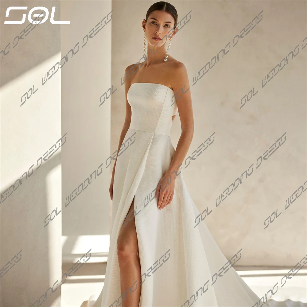 SOL Half Puff Sleeves Square Collar Side Slit Spandex Wedding Dress Simple Backless Sweep Train Bridal Gowns Sexy Custom Made