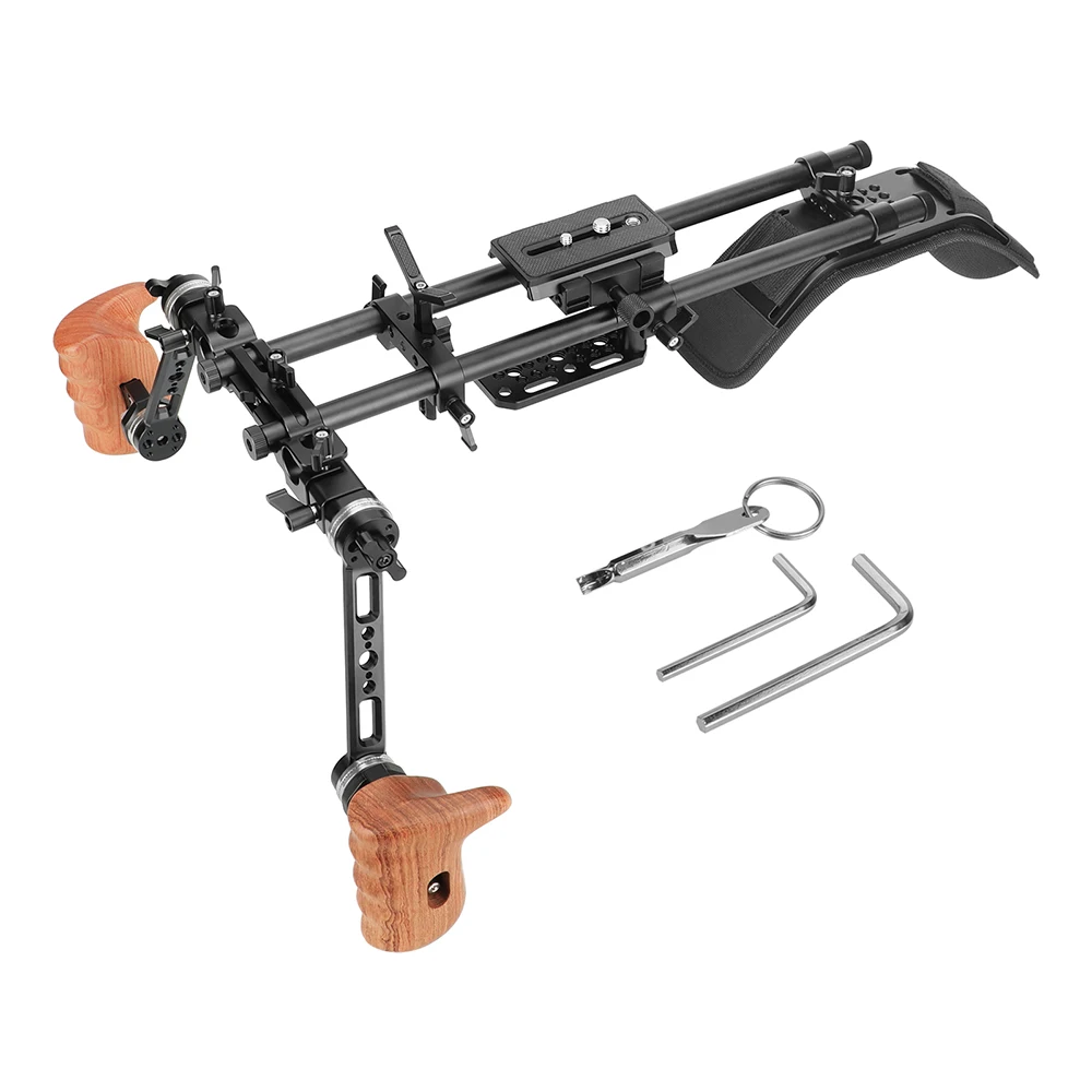 SZRIG Pro Shoulder Mount Rig With Manfrotto Quick Release Baseplate & Adjustable Rosette Wooden Handgrip For DSLR Camera