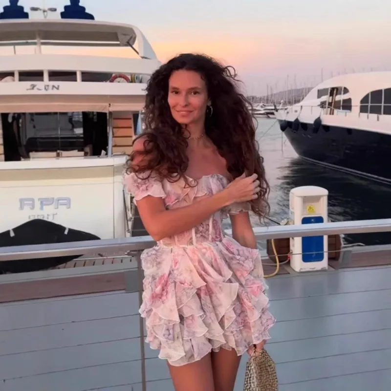 Feminino elegante floral impressão halter sem mangas mini vestido em camadas plissado a linha espartilho flowy casamento cocktail vestido de festa