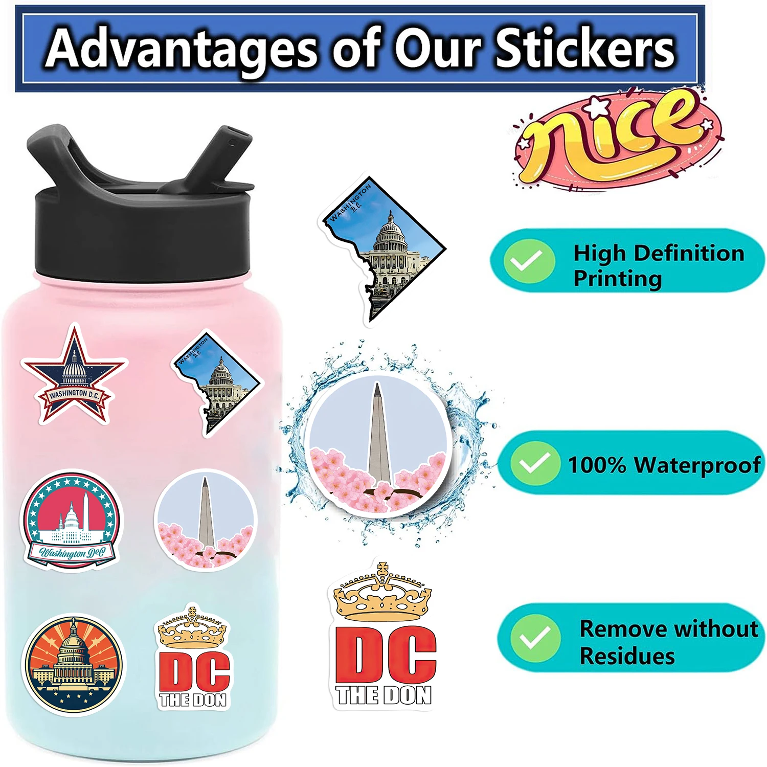 50PCS Washington DC Sticker Aesthetics Travel Landcape Stickers For Kid Motorcycle Laptop Car Bottle  Refrigerator Decal Toys