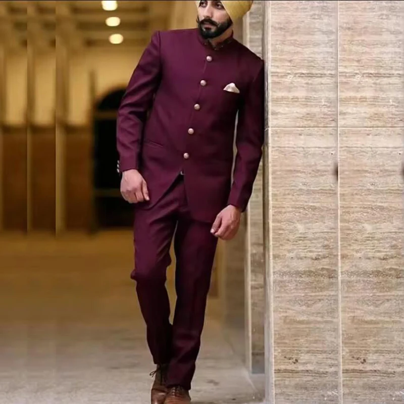 

2 Piece Burgundy Men's Suits Blazer Single Breasted Stand Lapel Slim Fit Formal Business Costume Jacket Pants Sets Luxury Terno