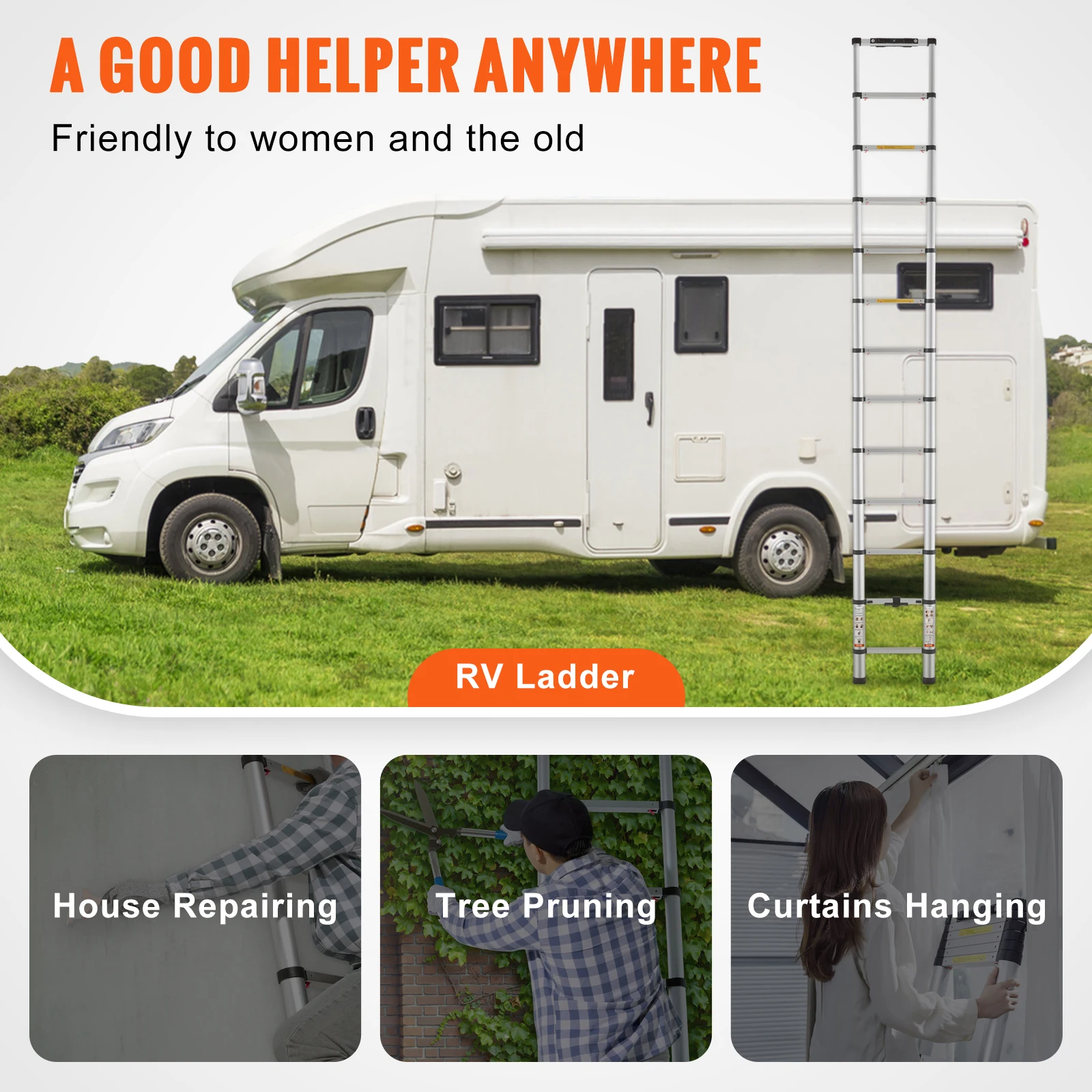 VEVOR Telescoping Ladder 12.5 FT Aluminum One-Button Retraction Collapsible Extension 375 LBS Capacity w/Non-Slip for Home RV