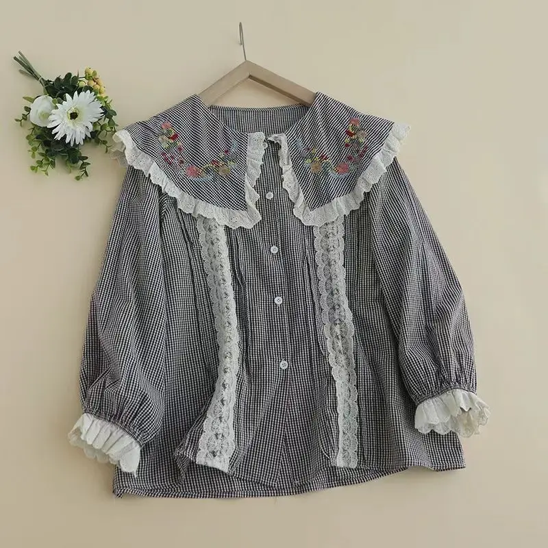 Spring New Japanese Mori Girl Vintage Plaid Embroidery Shirt Women Cute Peter Pan Collar Long Sleeve Casual Loose Tops