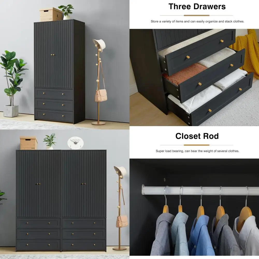 

Black 2-Door Armoire with Hanging Rod and 3 Drawers - Modern Bedroom Closet Organizer