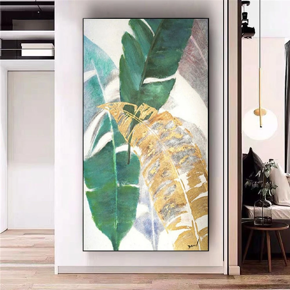 

Handmade Golden Green Leaves Botany Oil Painting On Canvas Image Bedroom Decor Picture House Color Wall Art For Home Living Room