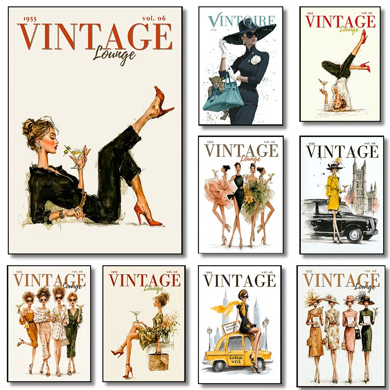Retro Chic 1950s Couture Gown Fashion Magazine Poster Martini Cocktail Prints Canvas Painting Wall Art Pictures Home Room Decor