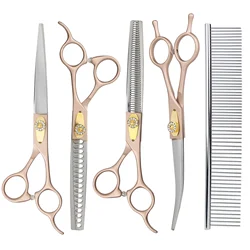 7 Inches Dog Grooming Scissors Professional Pet Curved Thinning Blending Chunkers Trimming Shears Kit Cat Hair Cutting Comb Tool