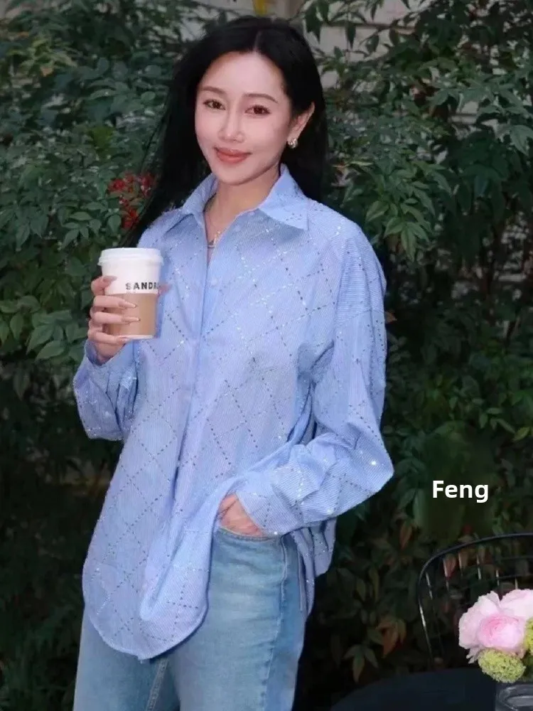 

S-Home Autumn New Casual Loose Heavy-Du Diamond Beaded Striped Commute irt Top Faionable Versatile Long Sve Button-Up