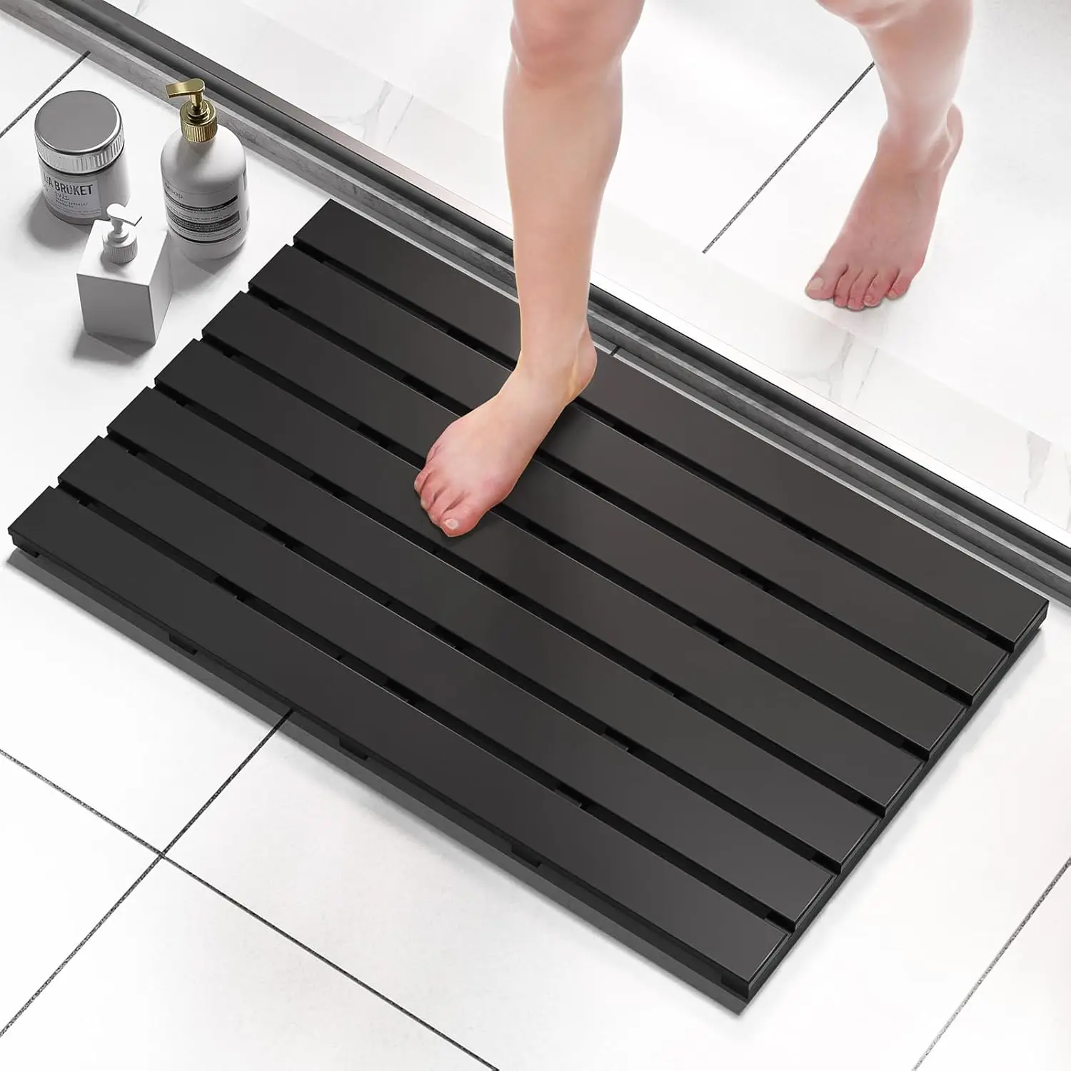 

Non-Slip Waterproof Bamboo Shower Mat for Bathroom Floor, Indoor Outdoor Use, Black, 31.3x18.1x1.5 Inches