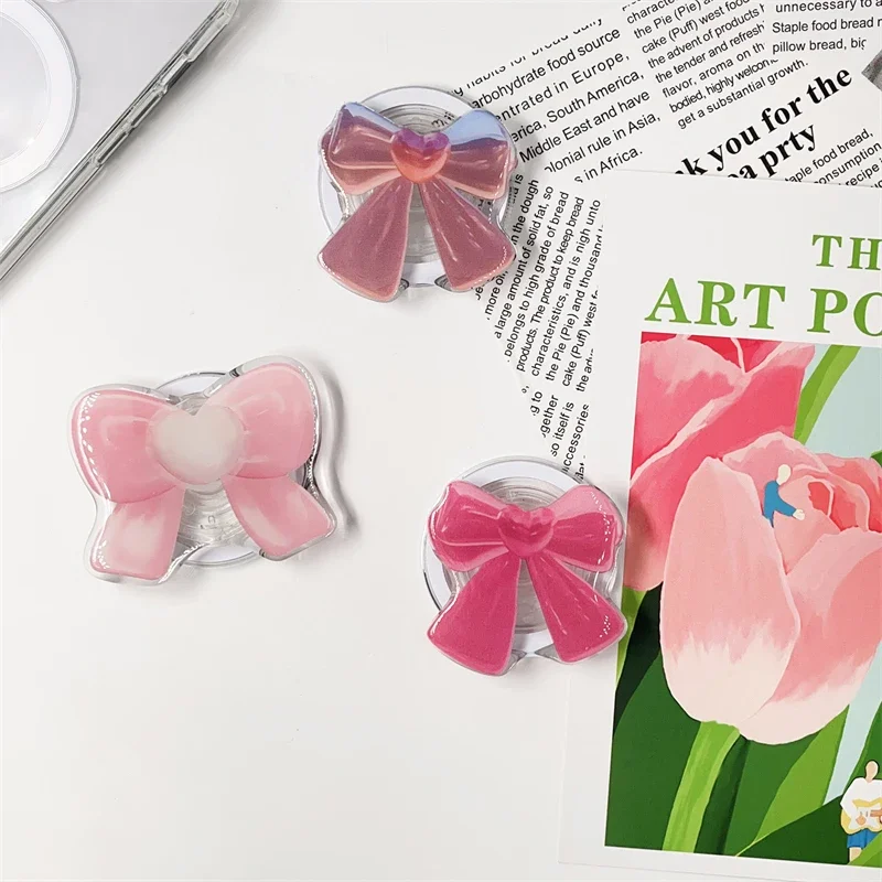 Bonito dos desenhos animados rosa arco magnético titular, aperto superior, suporte do telefone stand, suporte para iphone 16, pad, magsafe, inteligente, coreano