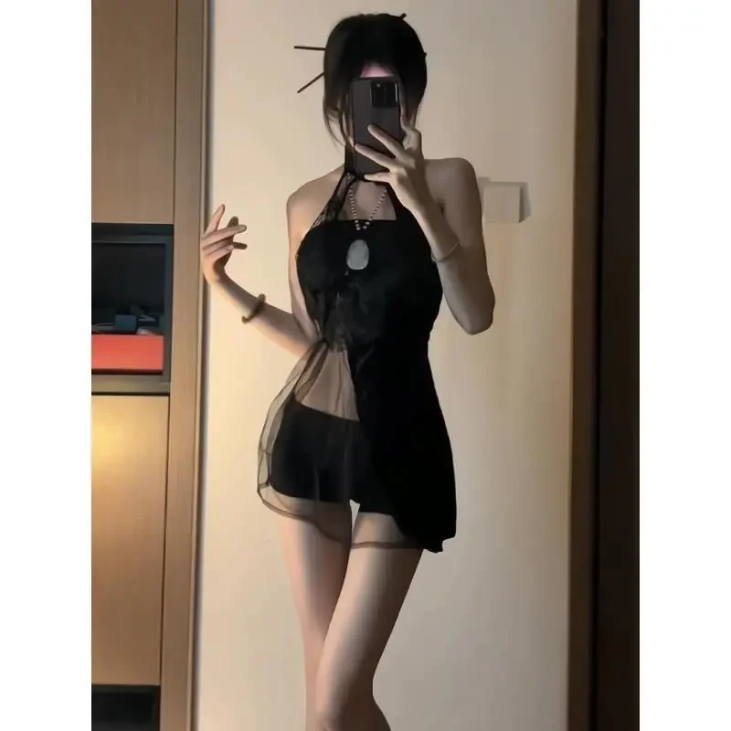 

Black Vintage Stand Collar Butterfly Mini Dress Women Sexy Pajamas Loungewear Light Gowns Mesh Patchwork Nightgowns See-through