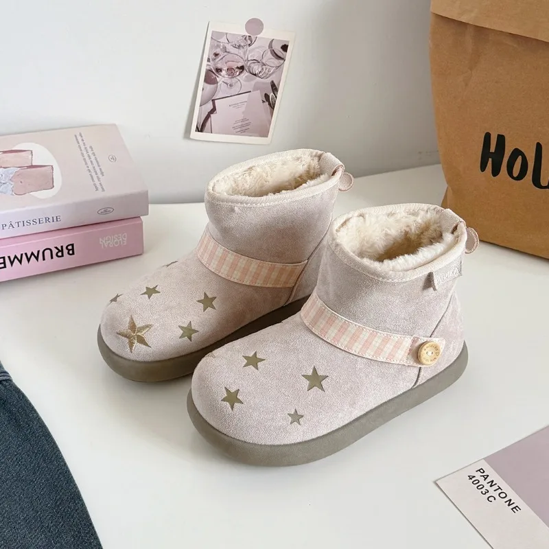 `Women Fleece‑Lined Short Snow Boots 2026 Winter Star‑print Canvas Rubber Sole Flat Warm Sweet Fresh Footwear Beige Brown`