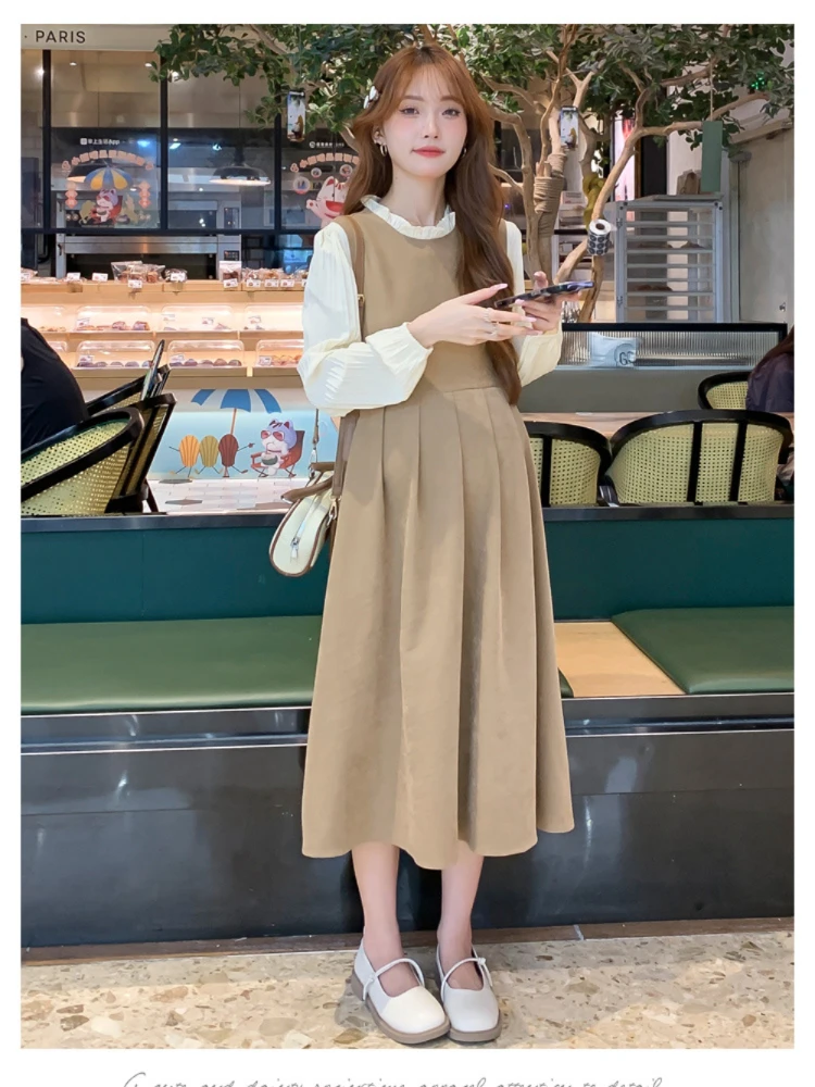 Korean Style Maternity Dress Long Sleeve O-neck Stretched Pregnant Woman Clothes pregnancy photoshoot Dress Autumn vestidos