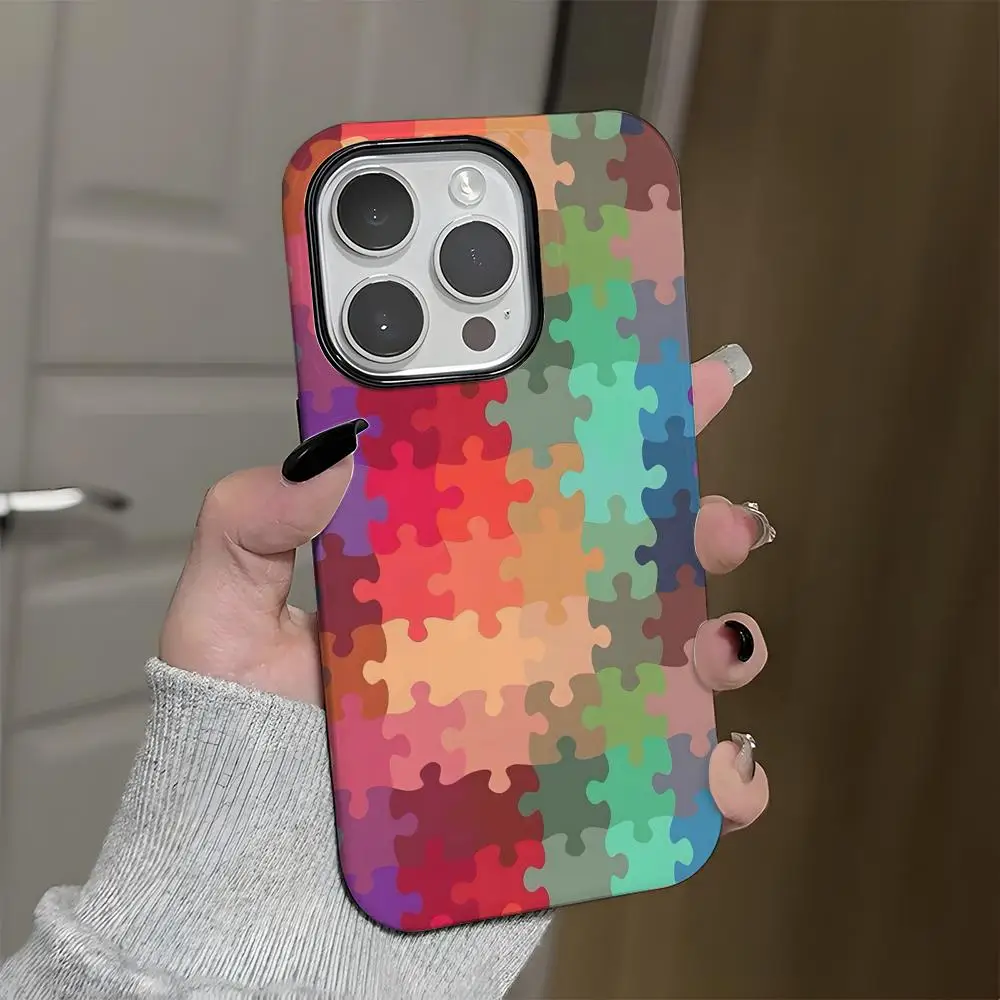 자폐증 지원 퍼즐 패턴 아이폰 17 에어 16 15 14 플러스 13 12 미니 11 프로 맥스 글로시 2 in 1 범퍼 케이스