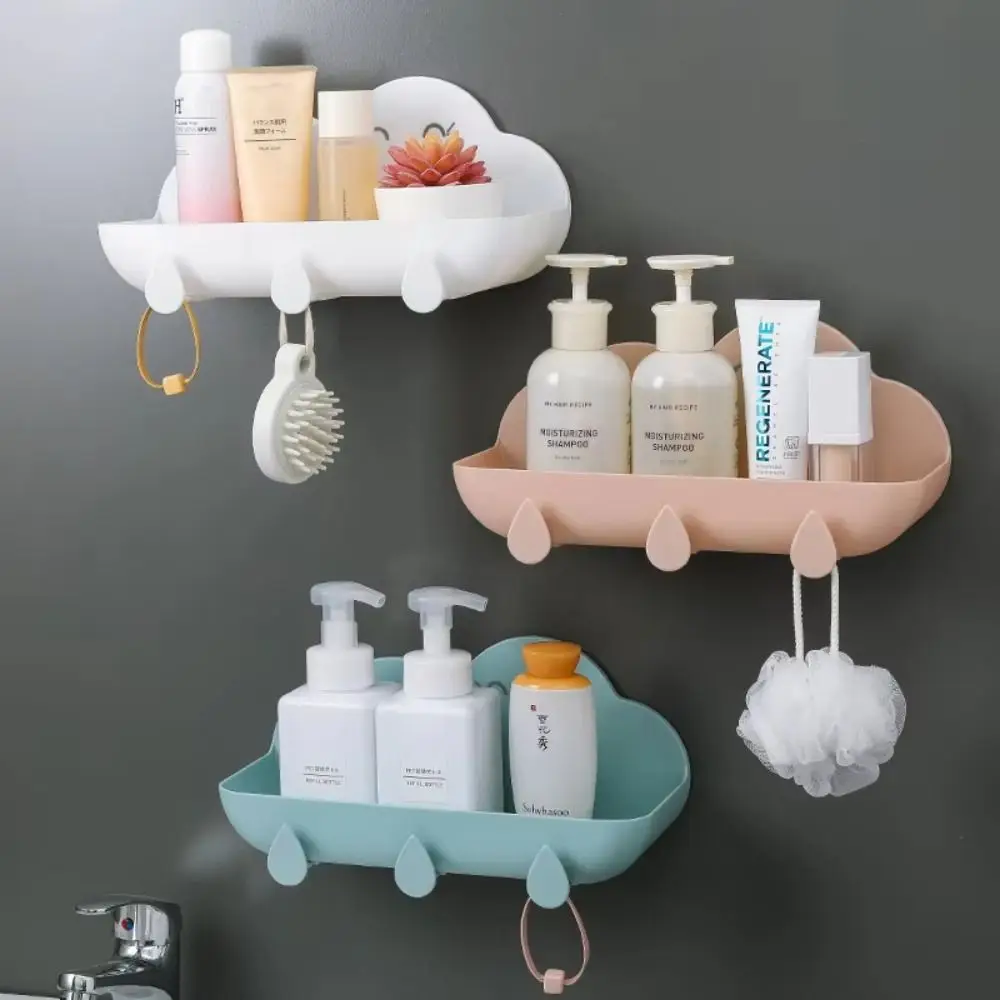 

Cute Wall Hanging Bathroom Storage Rack Punch Free with Hooks Shower Shelves Cloud Shape Draining Organizer Rack
